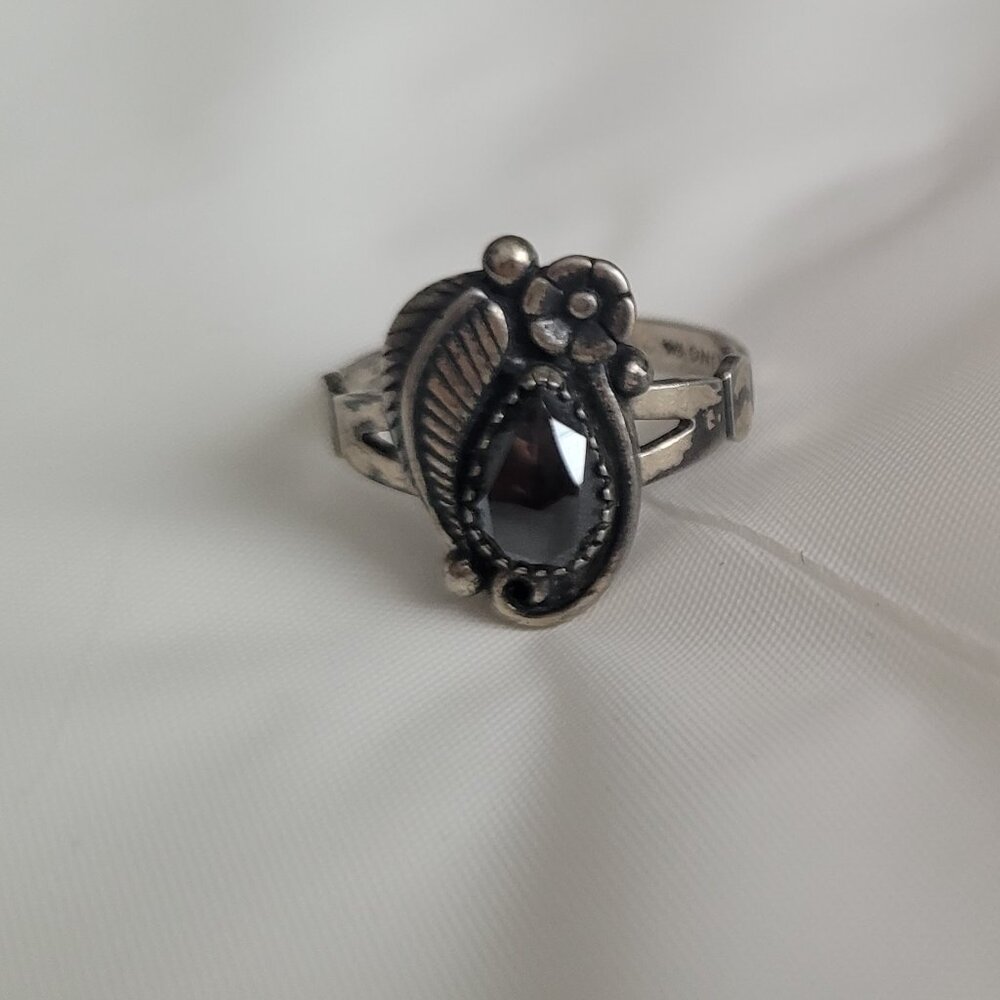 Black Hematite Stone Sterling Silver Vintage Ring Squash Blossom by Wheeler